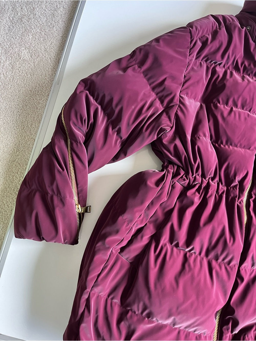 Athleta x Alicia Keys Quilted Burgundy Puffer Jacket with Gold Zippers - Picture 2 of 10